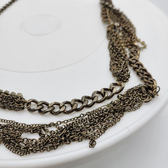 Vtg Layered Chain Necklace 28" Gold Tone Beaded Rhinestone Accent Rustic Rocker - Picture 3 of 12